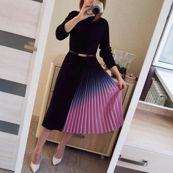 Geplooide midi-jurk met kleurblokdessin