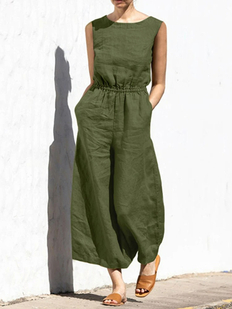 Linnen jumpsuit met ronde hals