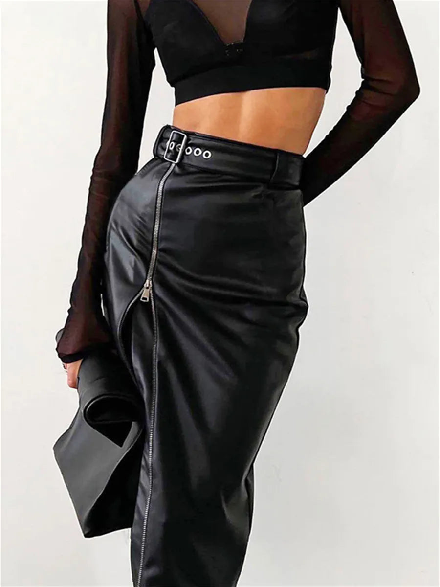Elegante kokerrok van PU leer met hoge taille en ritssluiting