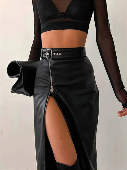 Elegante kokerrok van PU leer met hoge taille en ritssluiting
