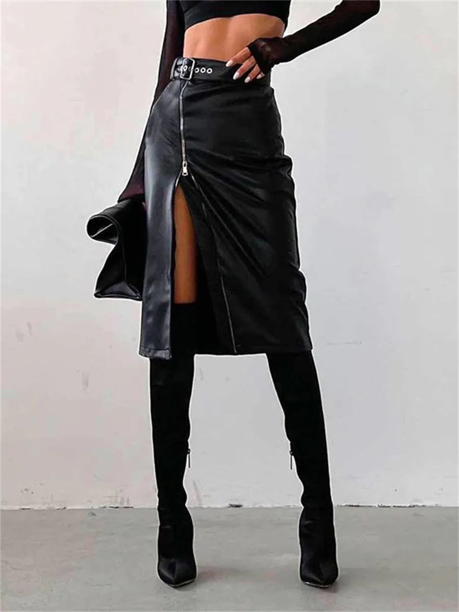 Elegante kokerrok van PU leer met hoge taille en ritssluiting