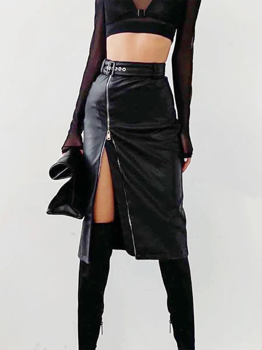 Elegante kokerrok van PU leer met hoge taille en ritssluiting