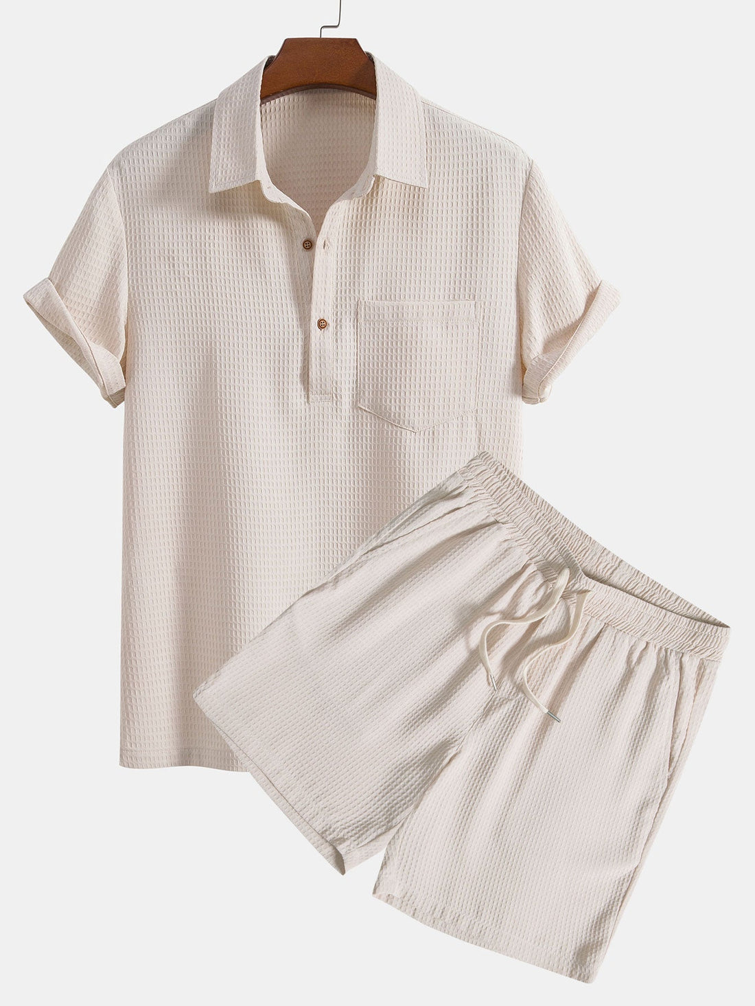 Wafel polokraag shirt met zak & wafel shorts