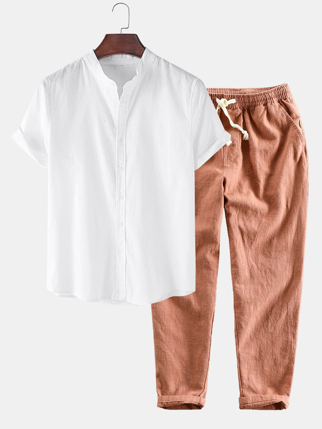 Linnenlook Overhemd met korte mouwen met staande kraag &amp;amp; Linnen Cotton Blend Cropped Broek