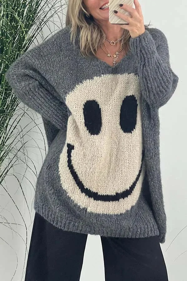 Gebreide smiley-gezichten oversized truien voor vrouwen