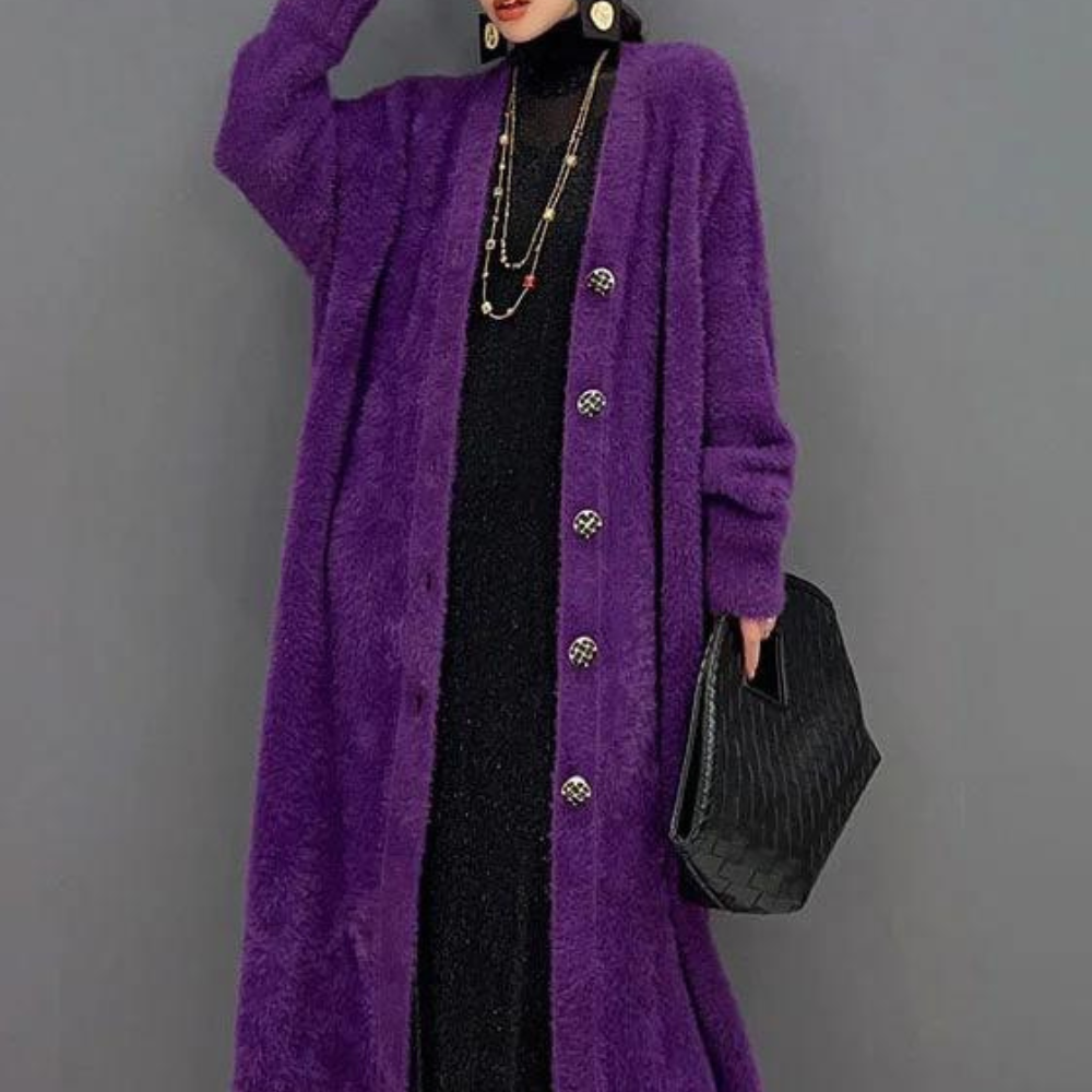Lang paars fluwelen vest overjas voor dames