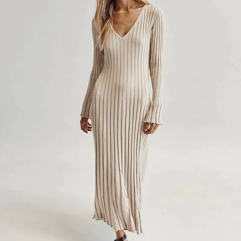 Elegante geribde V-hals gebreide midi-jurk voor dames