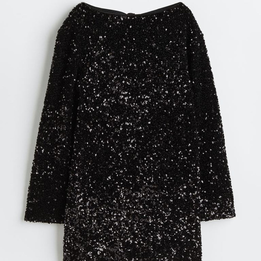 Elegante paillettenjurk met lange mouwen en strik