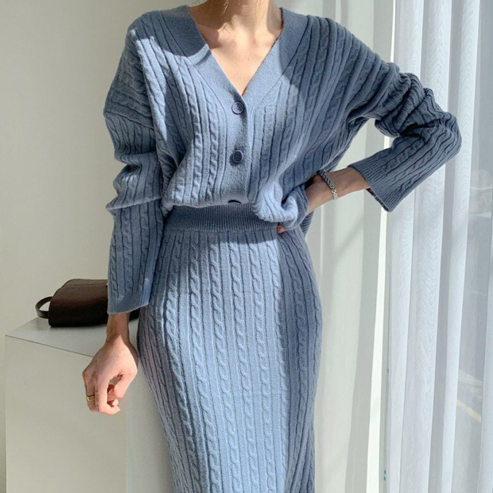 Gebreide V-hals losse lange mouw en rok set voor vrouwen