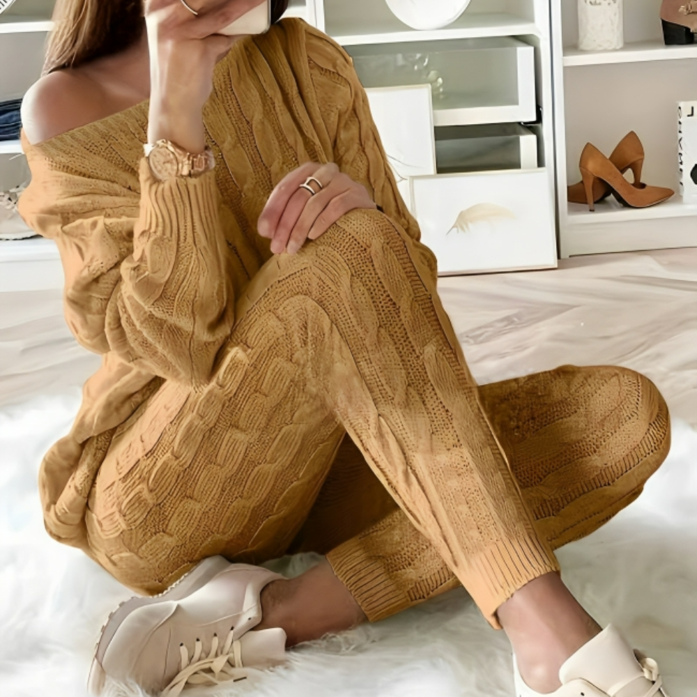 Gebreide tweedelige off-shoulder set voor dames