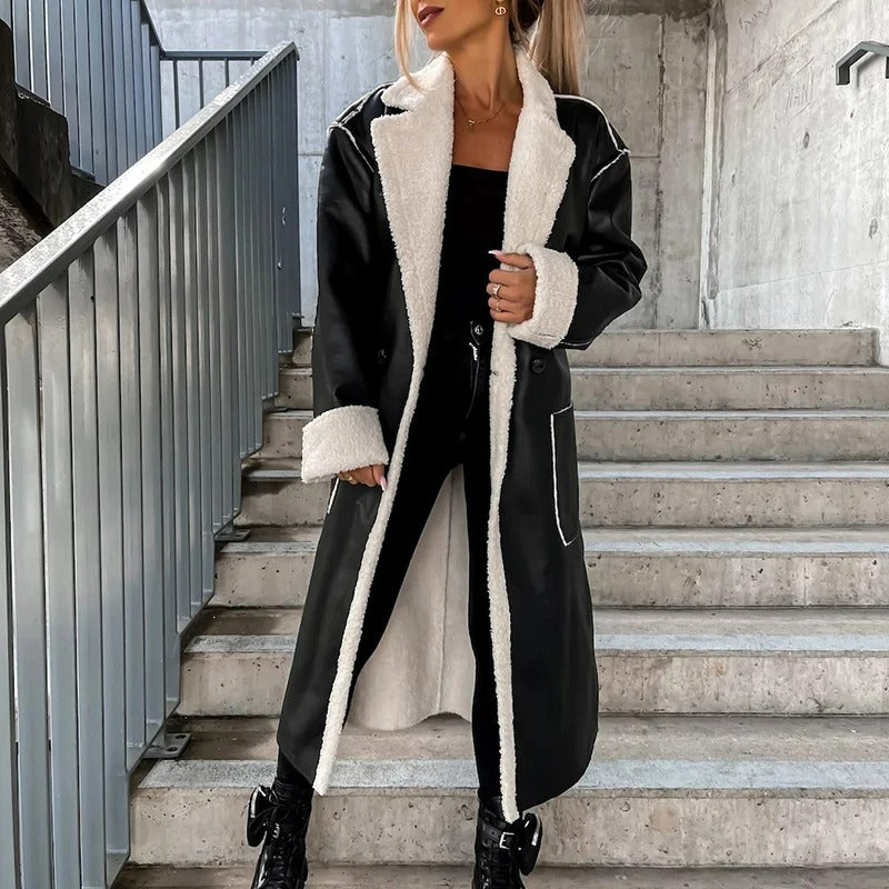 Kunstlederen warme losse lange jas voor vrouwen