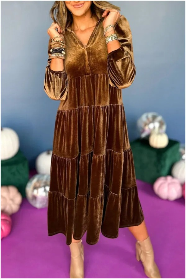 Losse fluwelen lange jurk met V-hals voor vrouwen