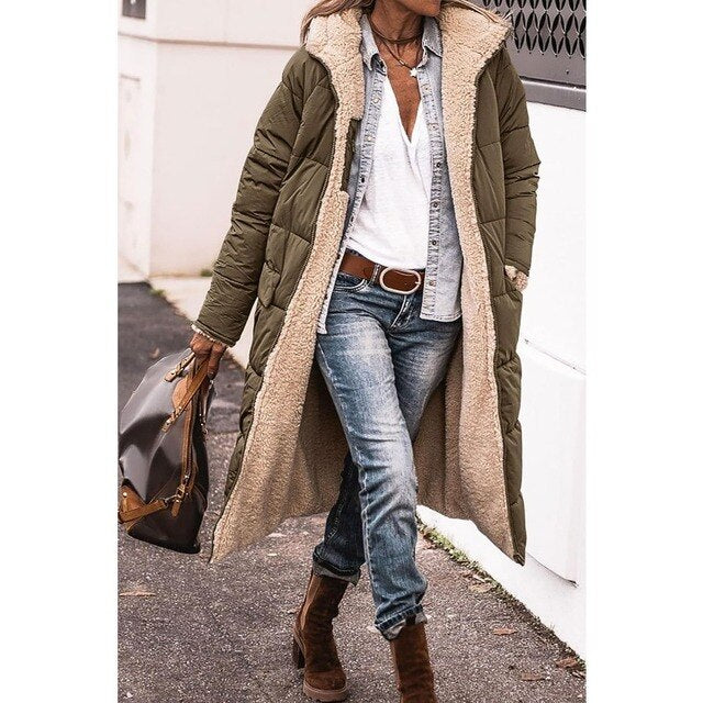 Hazel - Omkeerbaar sherpa fleece lang pufferjack met capuchon bovenkleding