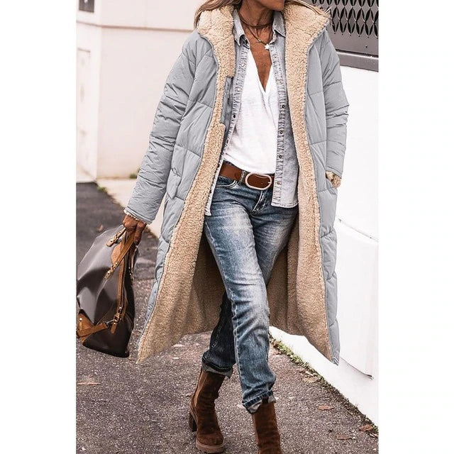 Hazel - Omkeerbaar sherpa fleece lang pufferjack met capuchon bovenkleding