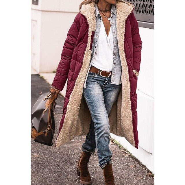 Hazel - Omkeerbaar sherpa fleece lang pufferjack met capuchon bovenkleding
