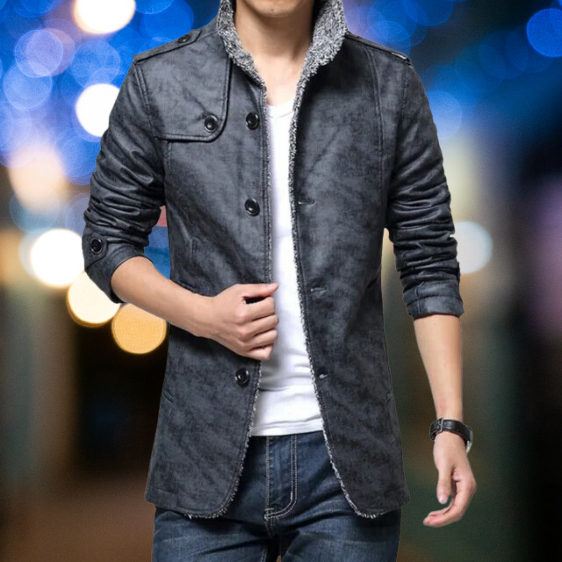 Medwin - De nieuwe leren opstaande kraag dikke smalle trenchcoat