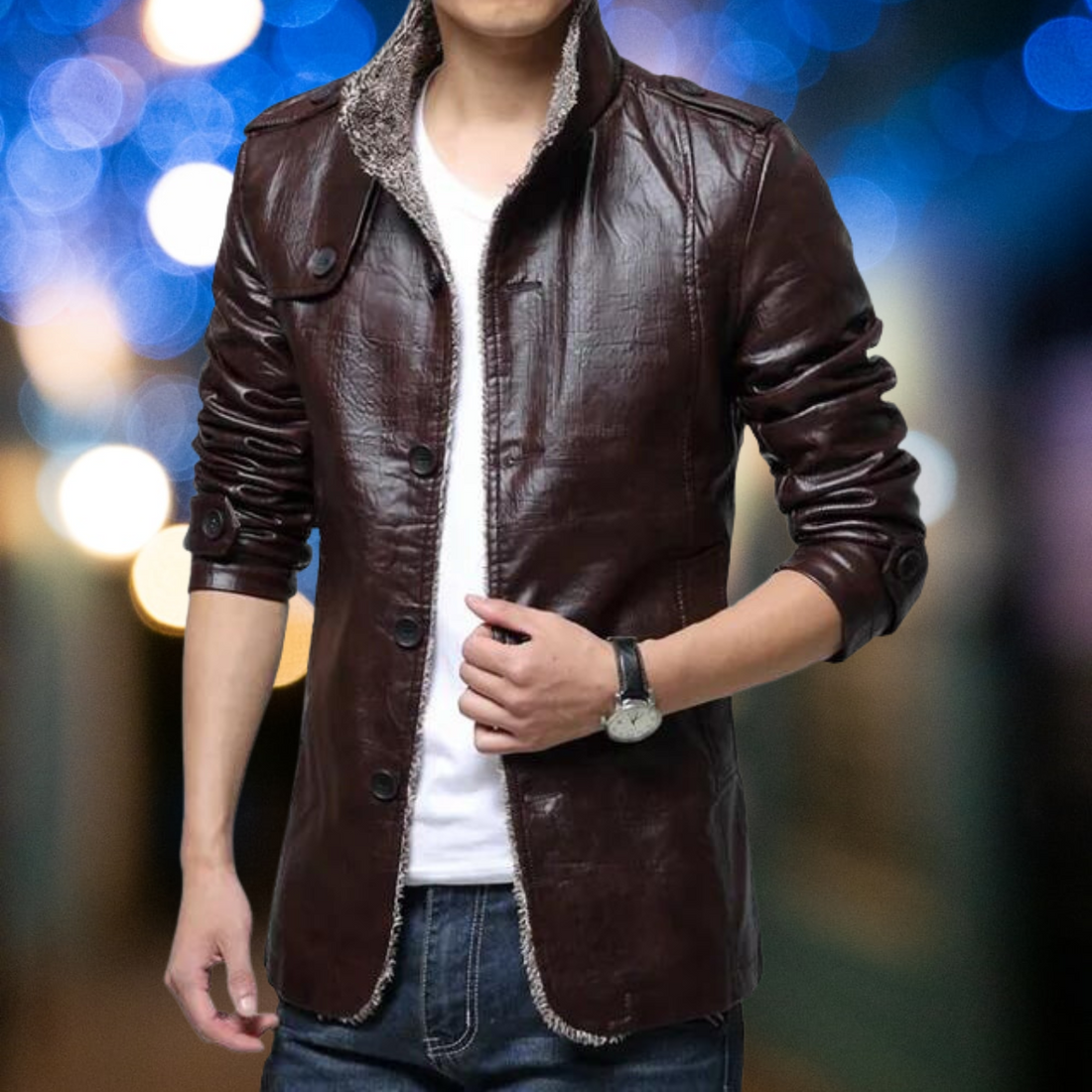 Medwin - De nieuwe leren opstaande kraag dikke smalle trenchcoat