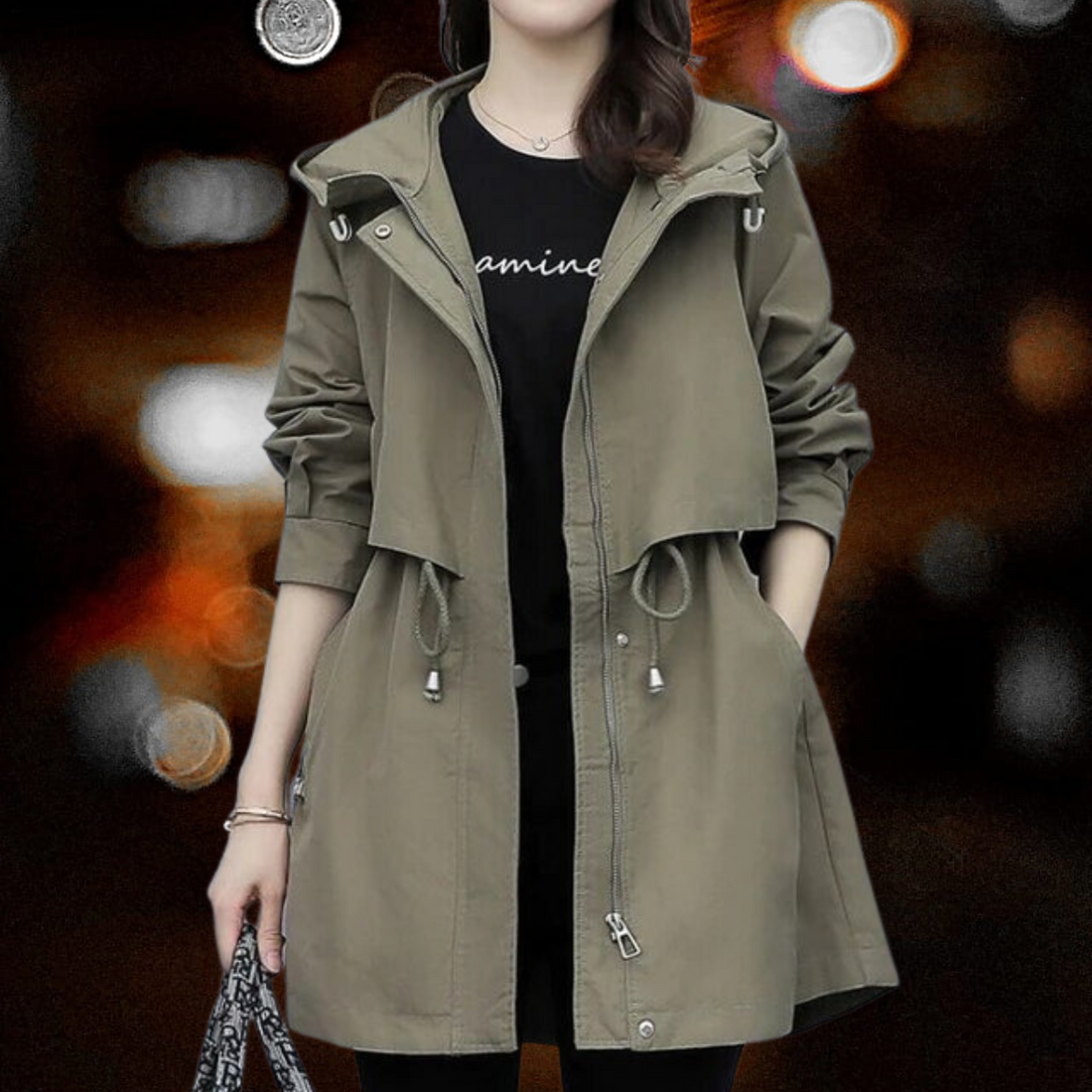 Carel - Stropdas in Britse stijl Halflange trenchcoat met capuchon en ritssluiting