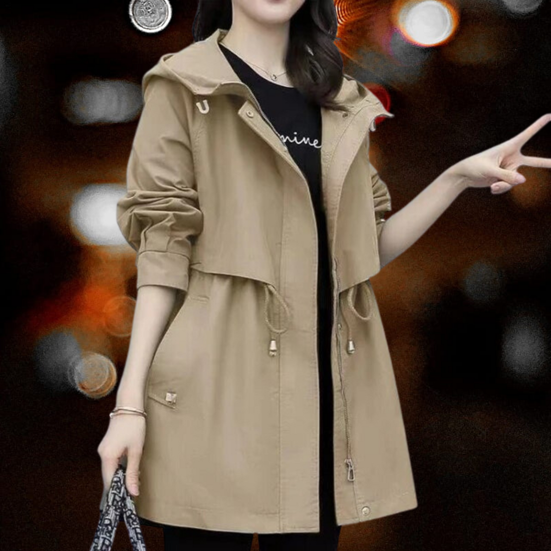 Carel - Stropdas in Britse stijl Halflange trenchcoat met capuchon en ritssluiting