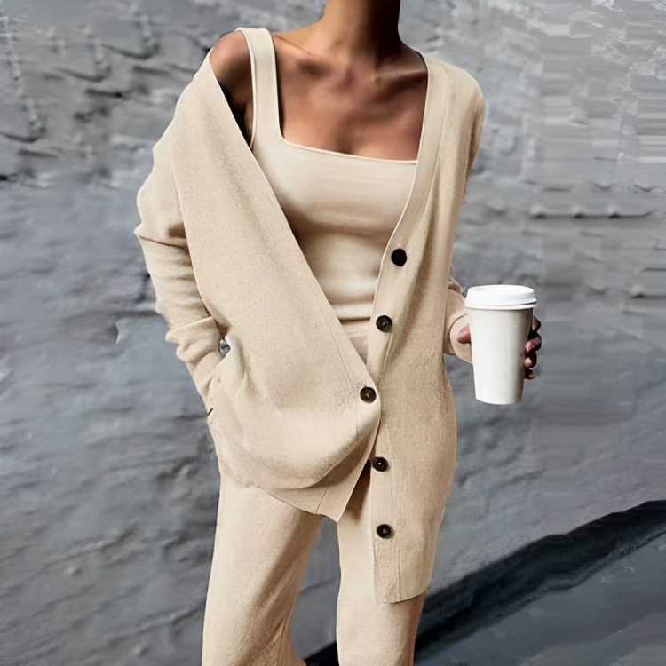 Effen gebreid dames driedelig setje