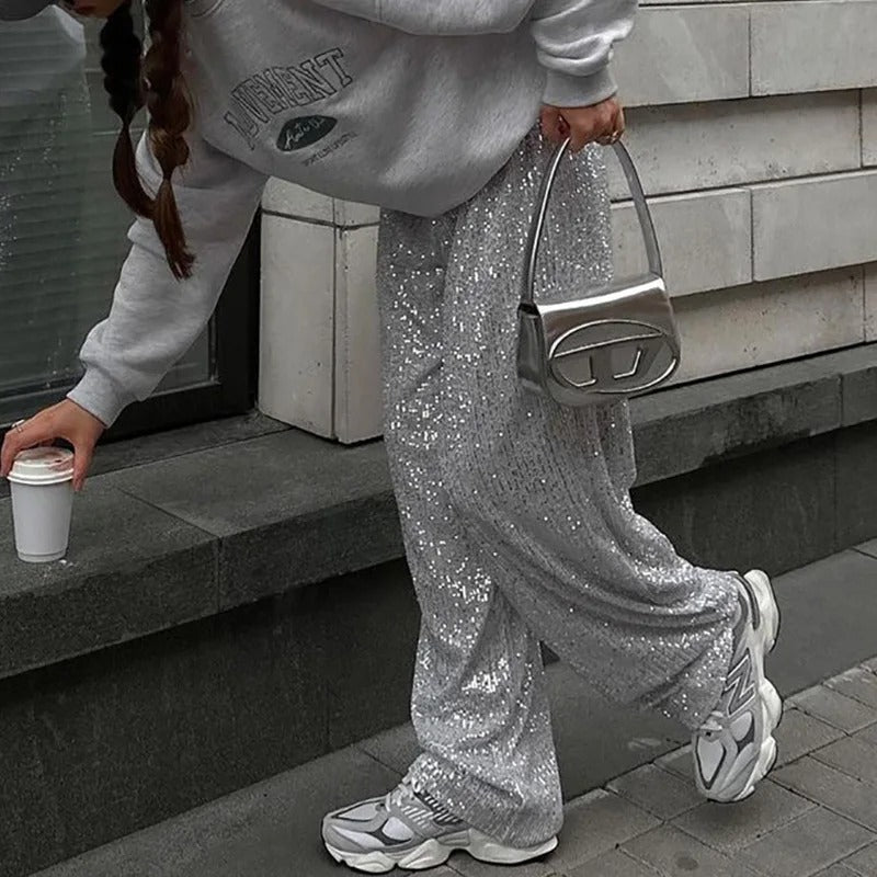 Elegante wijde pantalon met pailletten voor dames