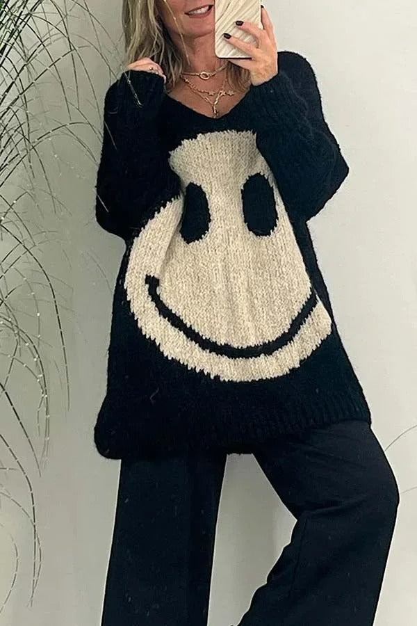 Gebreide smiley-gezichten oversized truien voor vrouwen